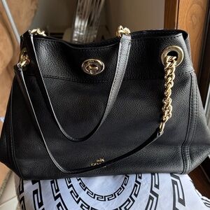Coach Black Leather Shoulder Bag with Gold Chain